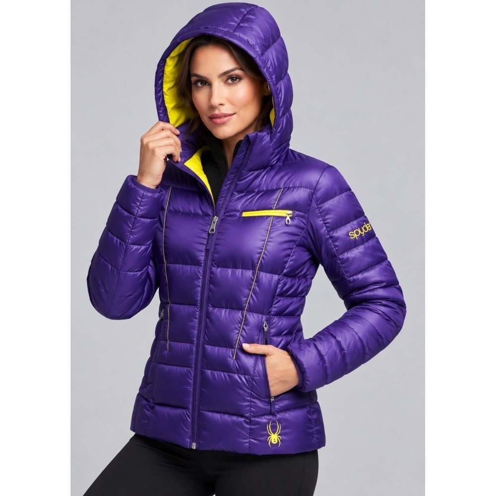 Spyder Down Puffer Ski Jacket Womens L Purple Neon Yellow VTG Style Unworn